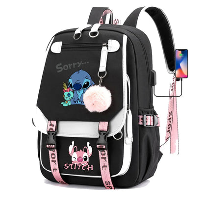 Stitch Boys Girls Kids School Book Bags Women USB Bagpack Teenagers Canvas Laptop Travel Student Backpack