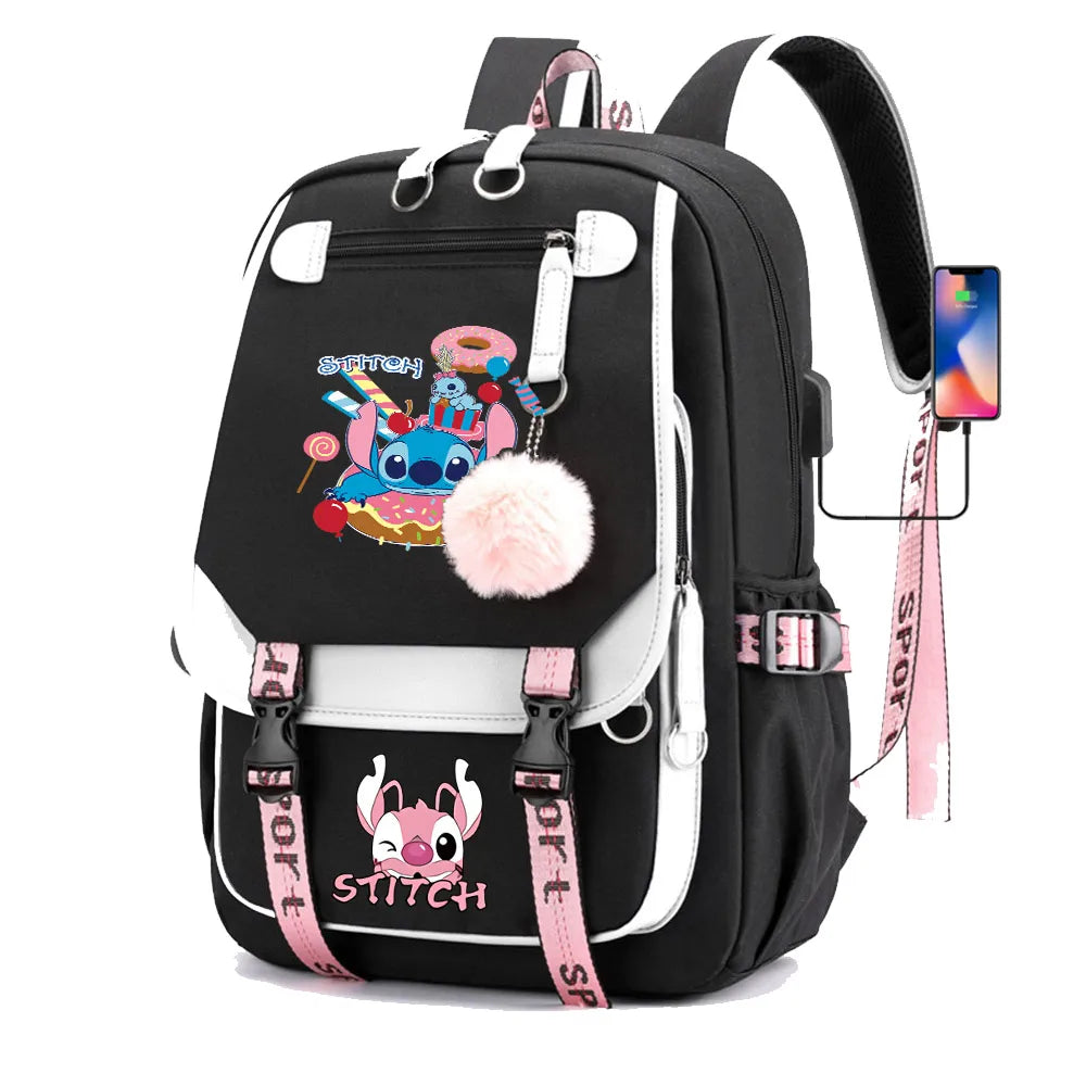 Stitch Boys Girls Kids School Book Bags Women USB Bagpack Teenagers Canvas Laptop Travel Student Backpack