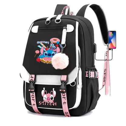 Stitch Boys Girls Kids School Book Bags Women USB Bagpack Teenagers Canvas Laptop Travel Student Backpack