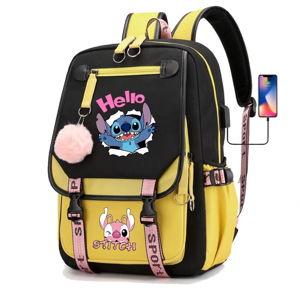 Stitch Boys Girls Kids School Book Bags Women USB Bagpack Teenagers Canvas Laptop Travel Student Backpack