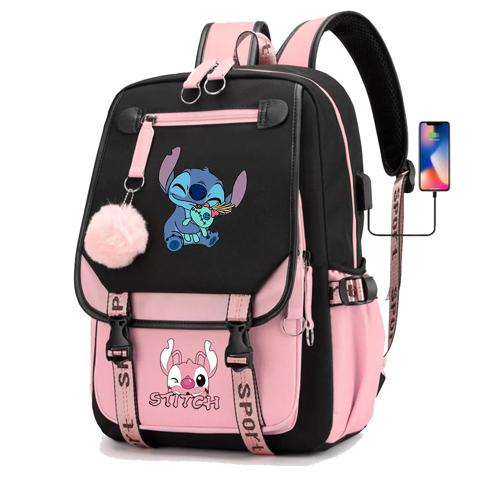 Stitch Boys Girls Kids School Book Bags Women USB Bagpack Teenagers Canvas Laptop Travel Student Backpack