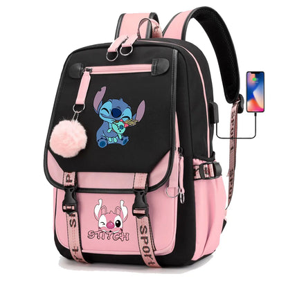 Stitch Boys Girls Kids School Book Bags Women USB Bagpack Teenagers Canvas Laptop Travel Student Backpack