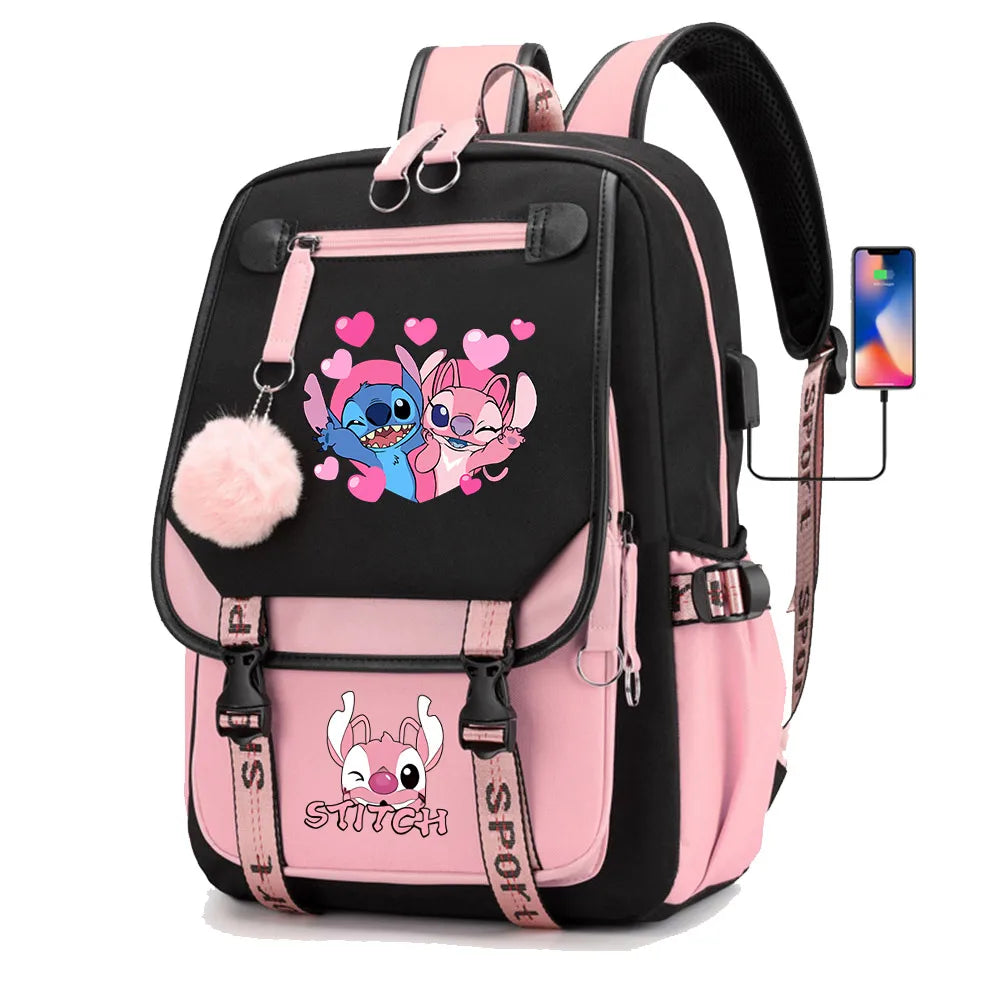 Stitch Boys Girls Kids School Book Bags Women USB Bagpack Teenagers Canvas Laptop Travel Student Backpack