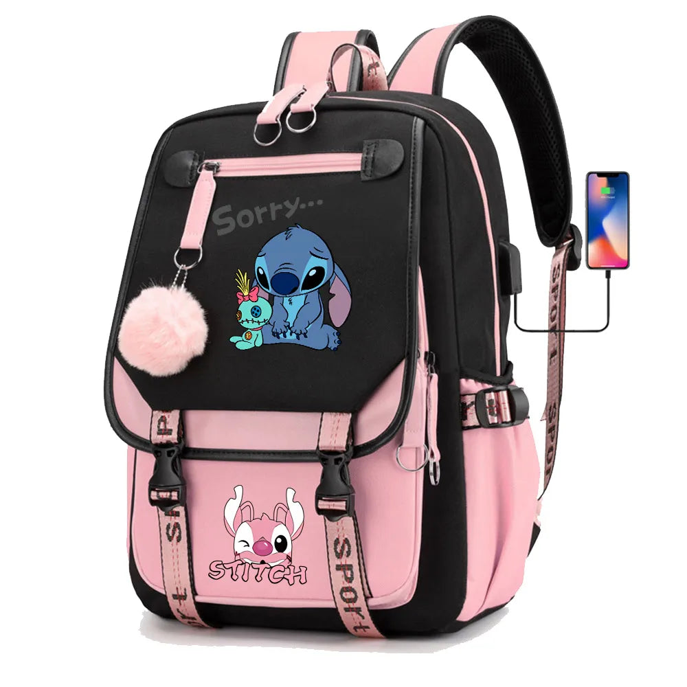 Stitch Boys Girls Kids School Book Bags Women USB Bagpack Teenagers Canvas Laptop Travel Student Backpack