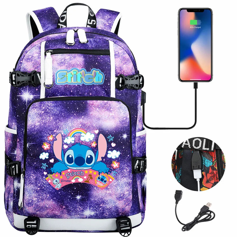 Stitch USB Large Capacity Teenagers Student Schoolbags Women Men Laptop Travel Backpack Boy Girl Kids School Book Bags