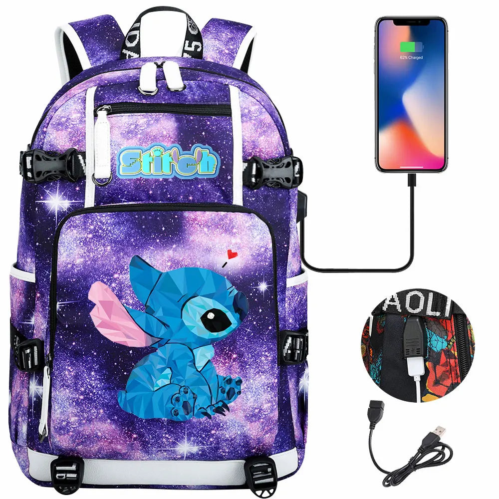 Stitch USB Large Capacity Teenagers Student Schoolbags Women Men Laptop Travel Backpack Boy Girl Kids School Book Bags