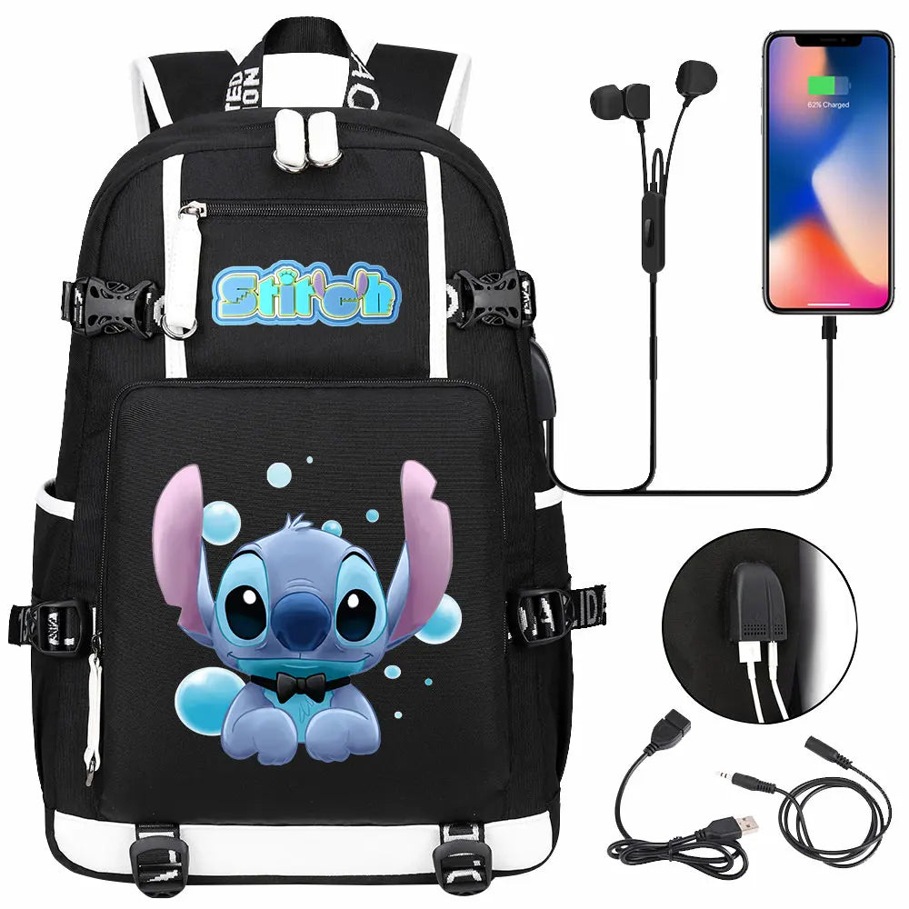 Stitch USB Large Capacity Teenagers Student Schoolbags Women Men Laptop Travel Backpack Boy Girl Kids School Book Bags
