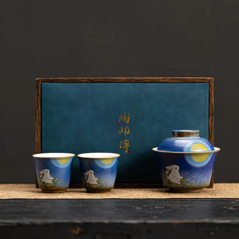 Stone Blue Jade Hare Tureen Quick Cup One Tureen Two Tea Cup Kung Fu Travel Tea Set Mini Set Portable Bag Storage Gaiwan