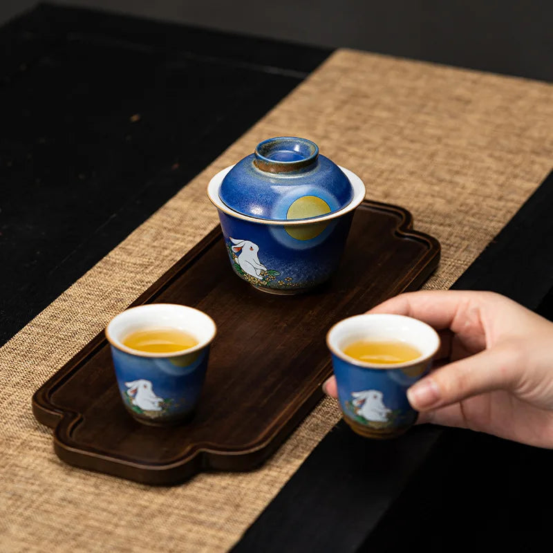 Stone Blue Jade Hare Tureen Quick Cup One Tureen Two Tea Cup Kung Fu Travel Tea Set Mini Set Portable Bag Storage Gaiwan
