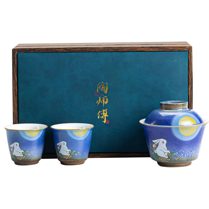 Stone Blue Jade Hare Tureen Quick Cup One Tureen Two Tea Cup Kung Fu Travel Tea Set Mini Set Portable Bag Storage Gaiwan
