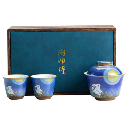 Stone Blue Jade Hare Tureen Quick Cup One Tureen Two Tea Cup Kung Fu Travel Tea Set Mini Set Portable Bag Storage Gaiwan
