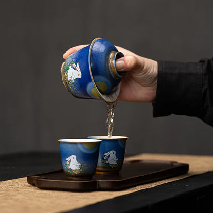Stone Blue Jade Hare Tureen Quick Cup One Tureen Two Tea Cup Kung Fu Travel Tea Set Mini Set Portable Bag Storage Gaiwan
