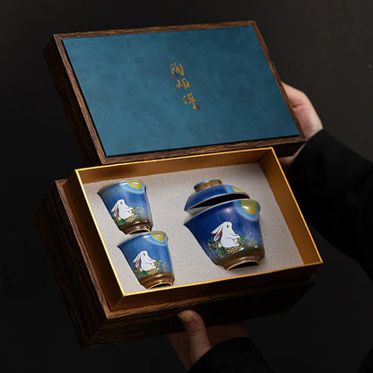Stone Blue Jade Hare Tureen Quick Cup One Tureen Two Tea Cup Kung Fu Travel Tea Set Mini Set Portable Bag Storage Gaiwan