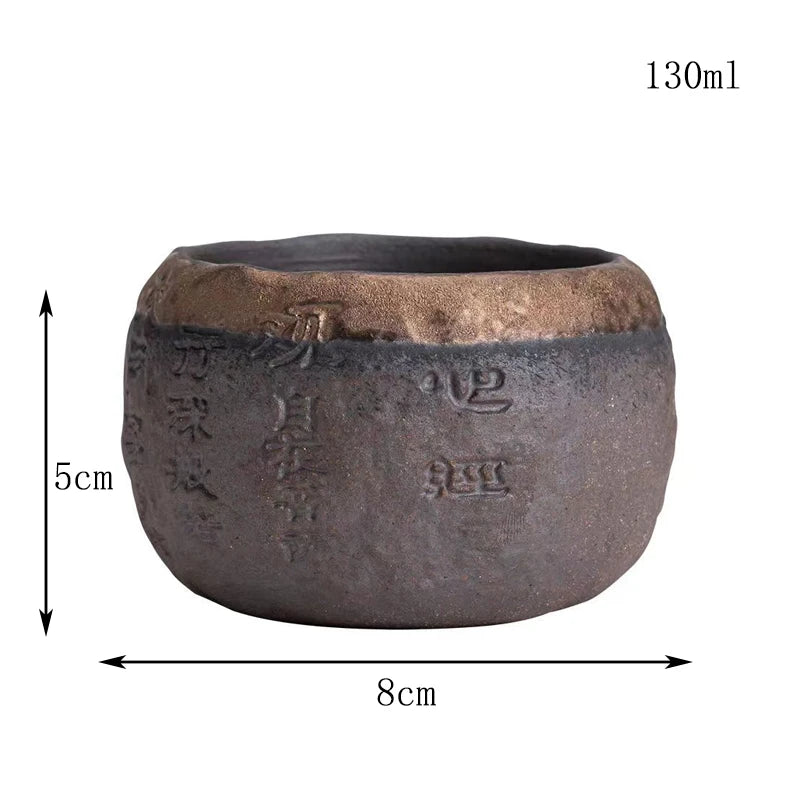 Stoneware Handmade Embossed Heart Sutra Zen Cup Gilding Iron Glaze Master Cup Single Ceramic Personal Cup Tea Cup Tea Bowl