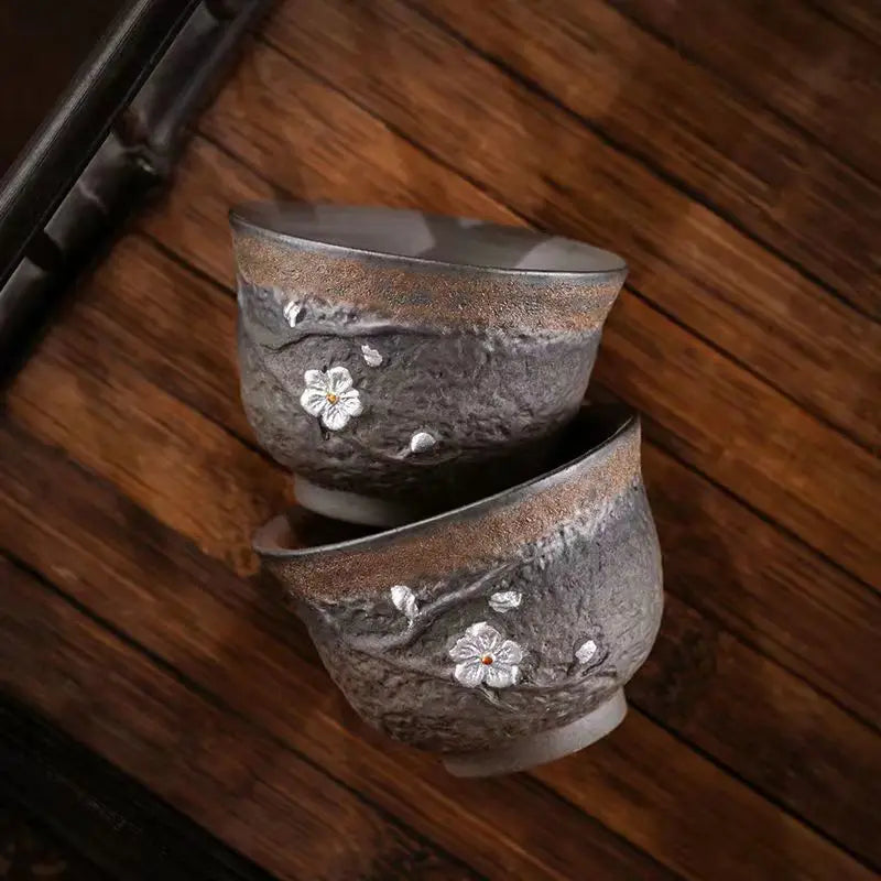 Stoneware Handmade Embossed Heart Sutra Zen Cup Gilding Iron Glaze Master Cup Single Ceramic Personal Cup Tea Cup Tea Bowl