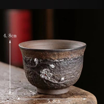 Stoneware Handmade Embossed Heart Sutra Zen Cup Gilding Iron Glaze Master Cup Single Ceramic Personal Cup Tea Cup Tea Bowl