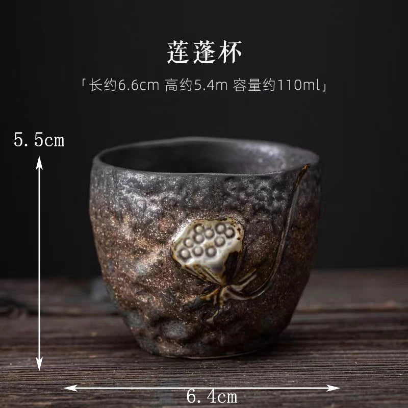 Stoneware Handmade Embossed Heart Sutra Zen Cup Gilding Iron Glaze Master Cup Single Ceramic Personal Cup Tea Cup Tea Bowl