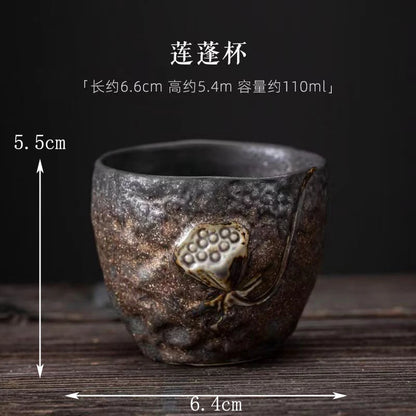 Stoneware Handmade Embossed Heart Sutra Zen Cup Gilding Iron Glaze Master Cup Single Ceramic Personal Cup Tea Cup Tea Bowl