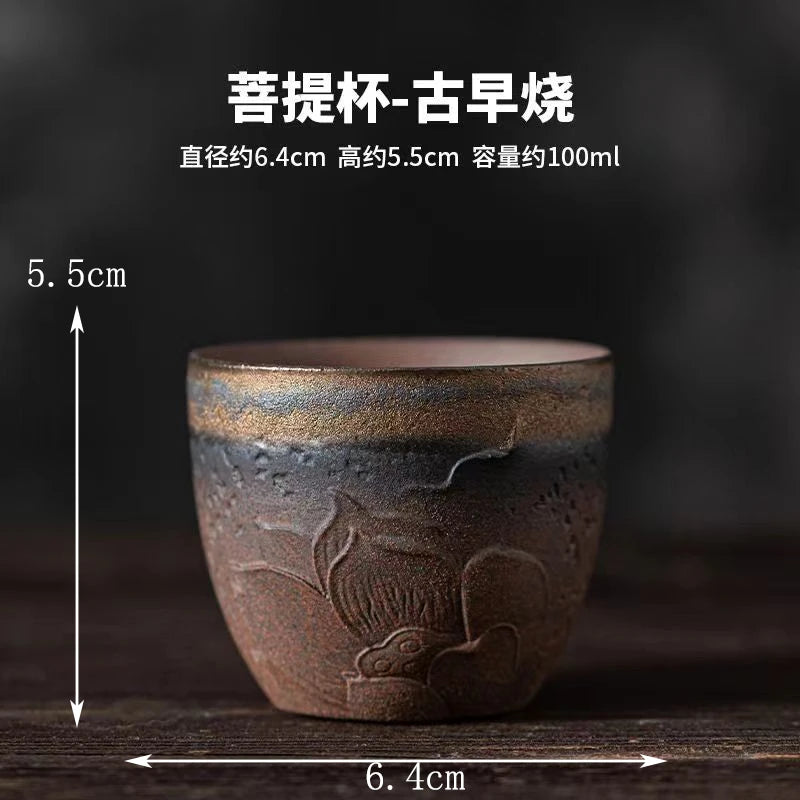 Stoneware Handmade Embossed Heart Sutra Zen Cup Gilding Iron Glaze Master Cup Single Ceramic Personal Cup Tea Cup Tea Bowl