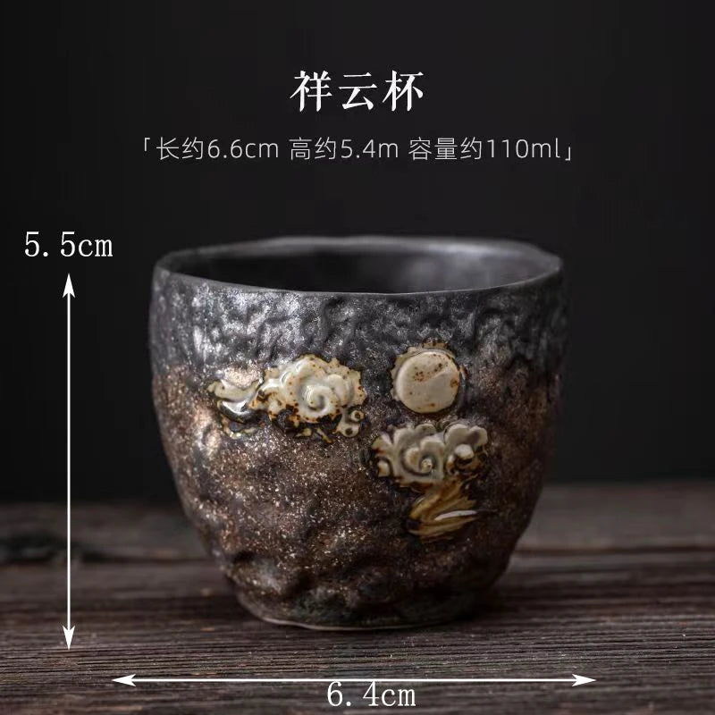Stoneware Handmade Embossed Heart Sutra Zen Cup Gilding Iron Glaze Master Cup Single Ceramic Personal Cup Tea Cup Tea Bowl