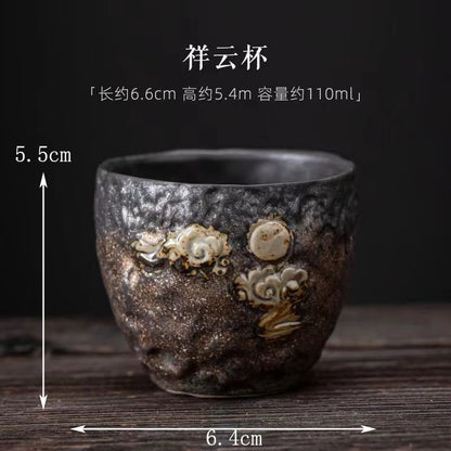 Stoneware Handmade Embossed Heart Sutra Zen Cup Gilding Iron Glaze Master Cup Single Ceramic Personal Cup Tea Cup Tea Bowl