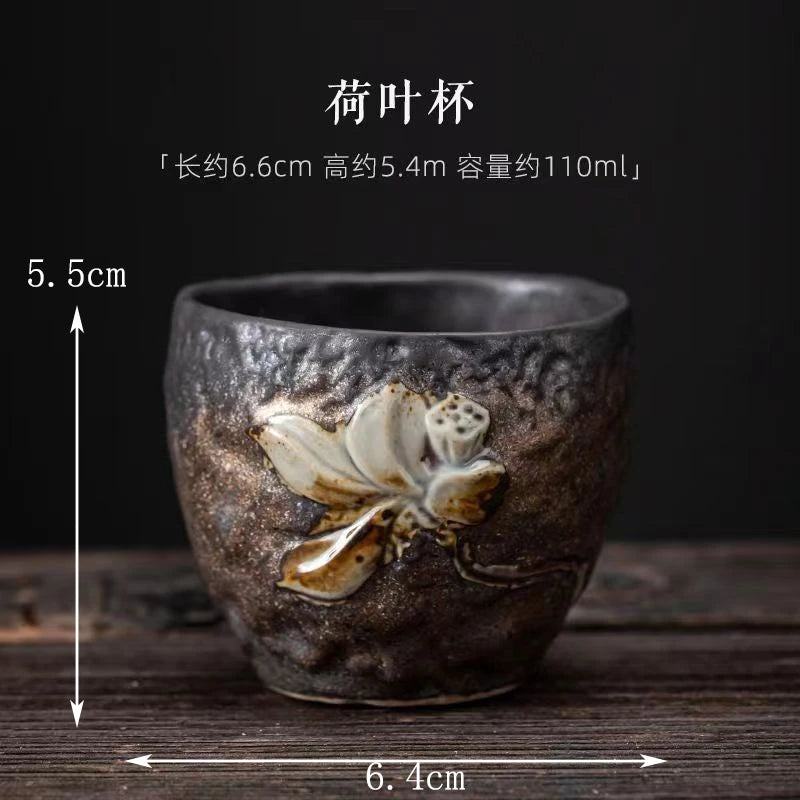 Stoneware Handmade Embossed Heart Sutra Zen Cup Gilding Iron Glaze Master Cup Single Ceramic Personal Cup Tea Cup Tea Bowl