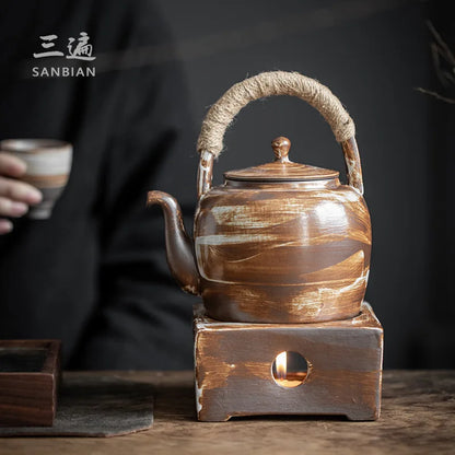 Stoneware Loop-Handled Teapot Warm Tea Stove Set Household Japanese Retro Small Tea Brewing Pot Tea Making Ceramic Kung Fu Tea