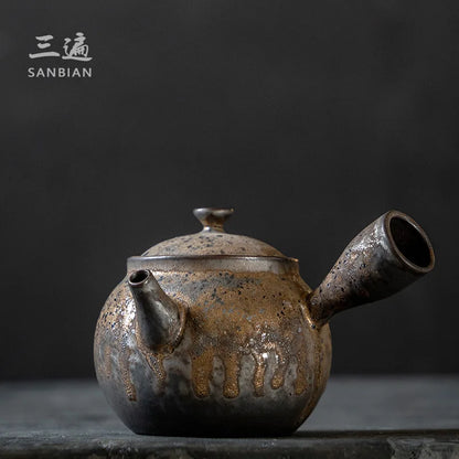 Stoneware Vintage Teapot Gilding Ceramic Pot Small Size Tea Making Device Kung Fu Teaware Single Pot Hammer Pattern Side Handl