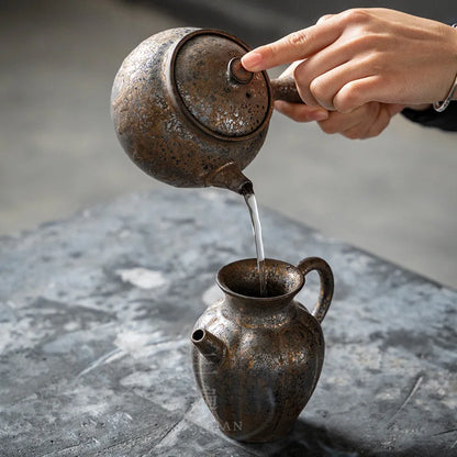 Stoneware Vintage Teapot Gilding Ceramic Pot Small Size Tea Making Device Kung Fu Teaware Single Pot Hammer Pattern Side Handl