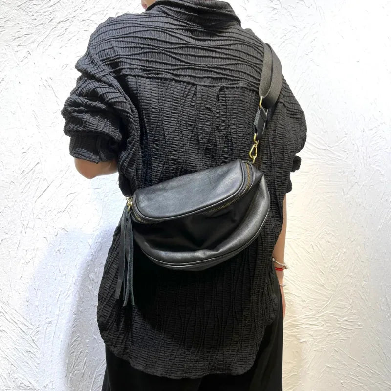 Street Popular Black Leather Bags for Women 2024 Autumn New Zipper Crossbody Bags Y2k Grunge Retro Portable Unisex Handbags