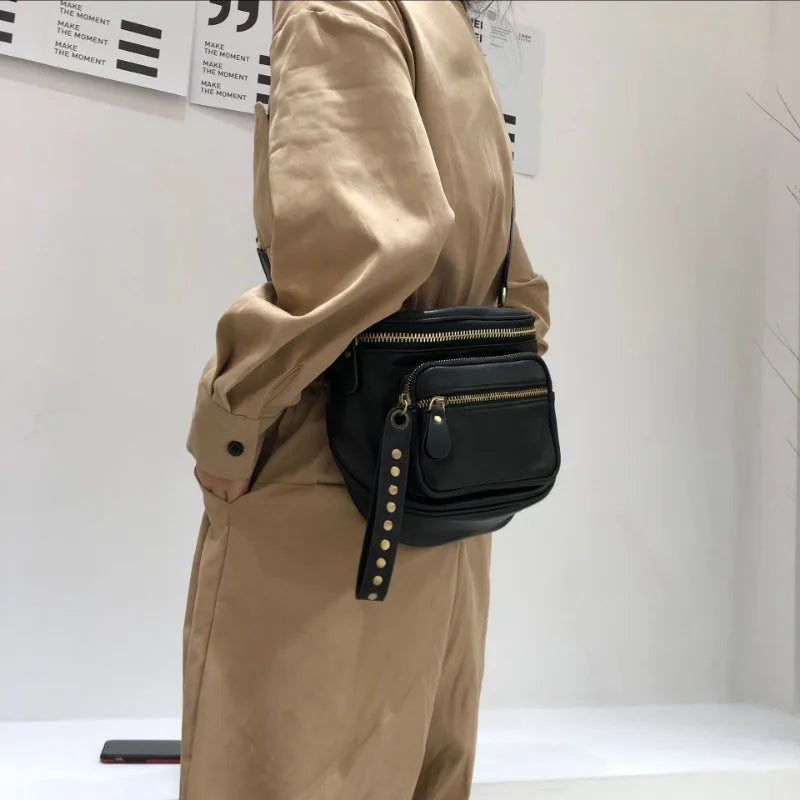 Street Punk Rivet Design Genuine Leather Chest Crossbody Bag Female High Quality Cowhide Shoulder Bags Women Bolsa Feminina