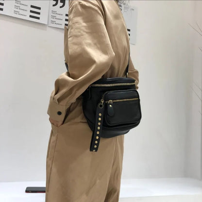 Street Punk Rivet Design Genuine Leather Chest Crossbody Bag Female High Quality Cowhide Shoulder Bags Women Bolsa Feminina