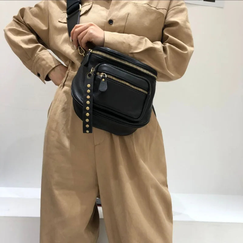 Street Punk Rivet Design Genuine Leather Chest Crossbody Bag Female High Quality Cowhide Shoulder Bags Women Bolsa Feminina