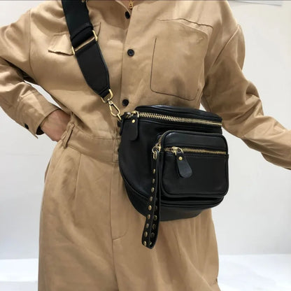 Street Punk Rivet Design Genuine Leather Chest Crossbody Bag Female High Quality Cowhide Shoulder Bags Women Bolsa Feminina