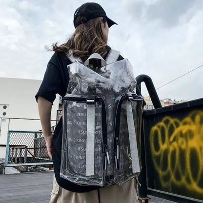 Street Style Unisex Transparent PVC Hip Hop Dpuble Backpacks Clear Bags Women Man High Capacity Waterproof Travel ShoulderBags