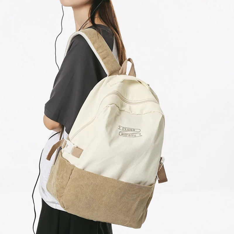 Stripe Cute Corduroy Woman Backpack Schoolbag For Teenage Girls Boys 2023 Harajuku Female Casual Bag Student Lady Book Pack