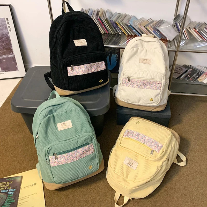 Stripe Cute Corduroy Woman Backpack Schoolbag For Teenage Girls Boys 2023 Harajuku Female Fashion Bag Student Lady Book Pack
