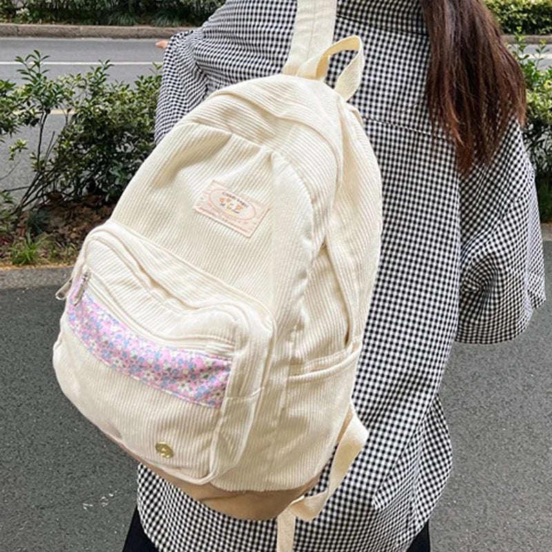 Stripe Cute Corduroy Woman Backpack Schoolbag For Teenage Girls Boys 2023 Harajuku Female Fashion Bag Student Lady Book Pack