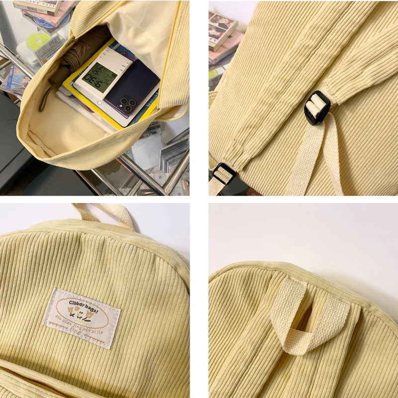 Stripe Cute Corduroy Woman Backpack Schoolbag For Teenage Girls Boys 2023 Harajuku Female Fashion Bag Student Lady Book Pack