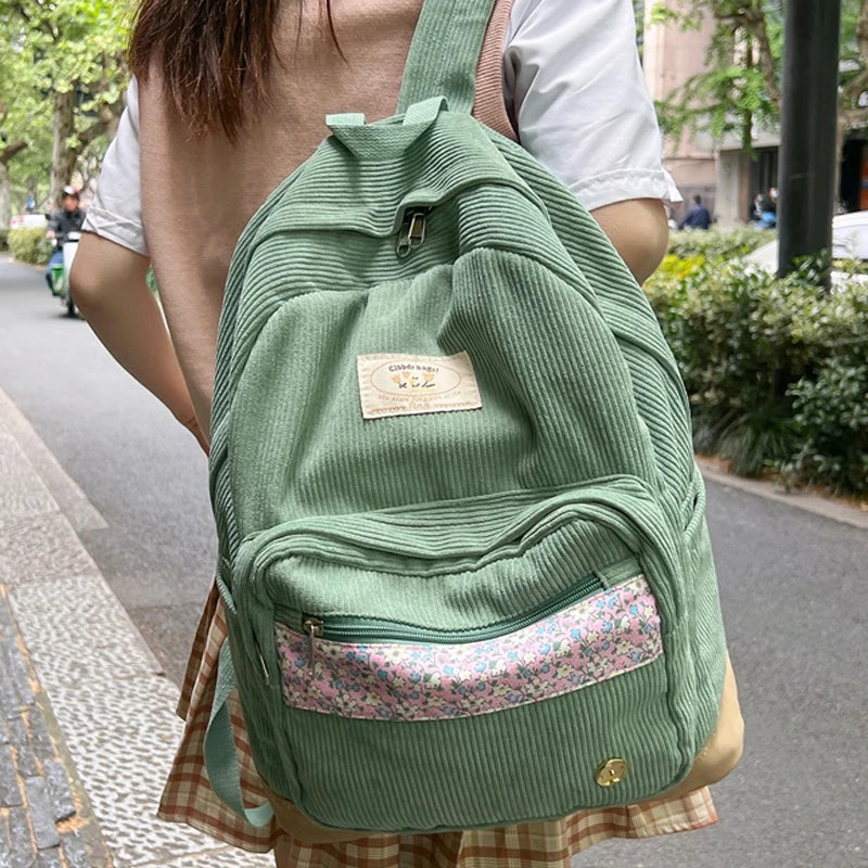 Stripe Cute Corduroy Woman Backpack Schoolbag For Teenage Girls Boys 2023 Harajuku Female Fashion Bag Student Lady Book Pack
