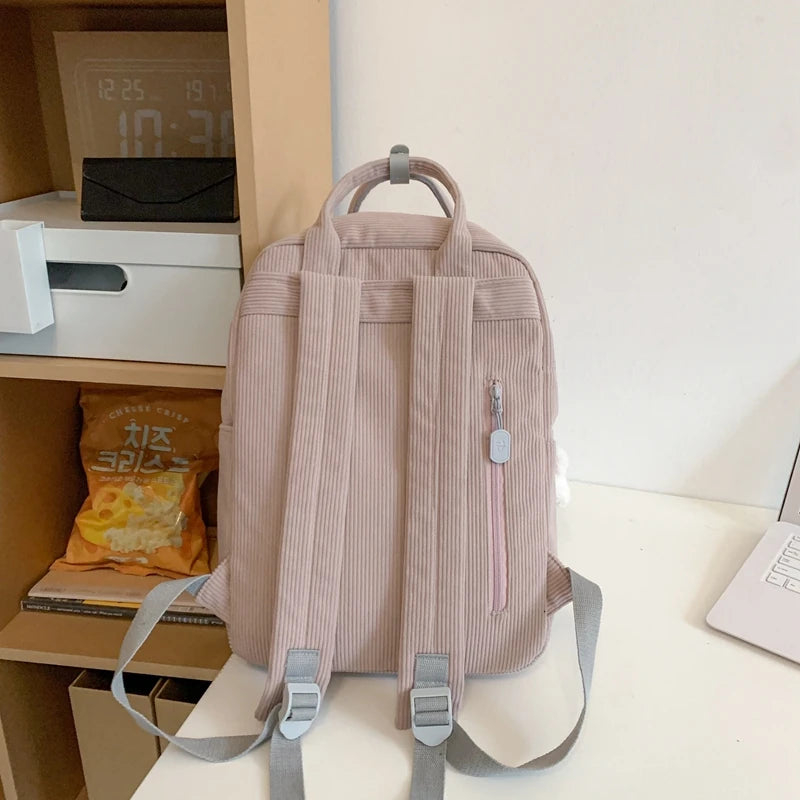 Stripe Cute Corduroy Woman Backpack Schoolbag For Teenage Girls Boys Small Harajuku Female College Bag Student Lady Book Pack