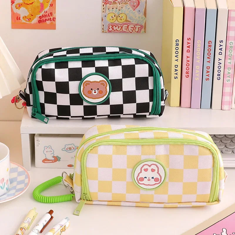Student Pen Bag Double Zipper Design Large Capacity Stationery Box Checkerboard Cute Bear Marker Bag Pencil Bag