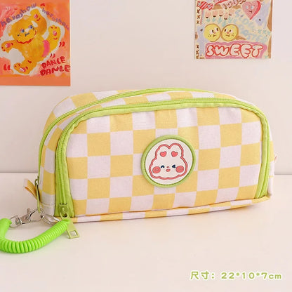 Student Pen Bag Double Zipper Design Large Capacity Stationery Box Checkerboard Cute Bear Marker Bag Pencil Bag