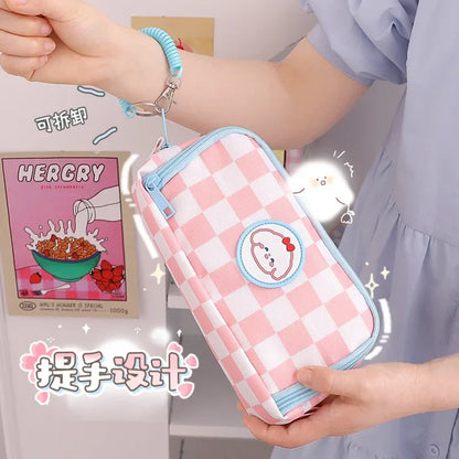 Student Pen Bag Double Zipper Design Large Capacity Stationery Box Checkerboard Cute Bear Marker Bag Pencil Bag