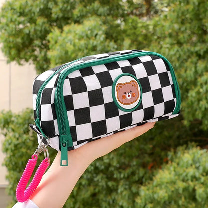 Student Pen Bag Double Zipper Design Large Capacity Stationery Box Checkerboard Cute Bear Marker Bag Pencil Bag
