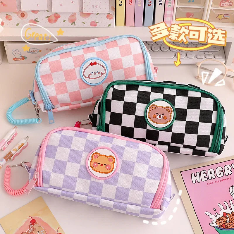 Student Pen Bag Double Zipper Design Large Capacity Stationery Box Checkerboard Cute Bear Marker Bag Pencil Bag