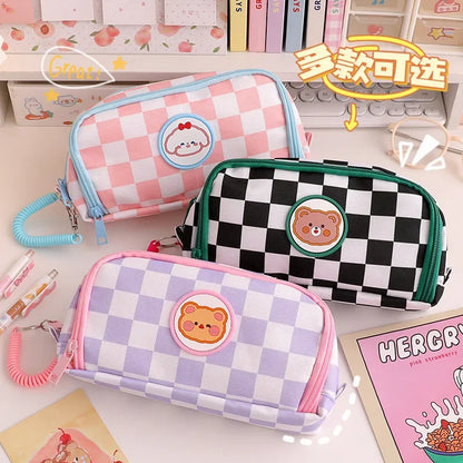 Student Pen Bag Double Zipper Design Large Capacity Stationery Box Checkerboard Cute Bear Marker Bag Pencil Bag