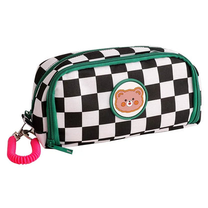 Student Pen Bag Double Zipper Design Large Capacity Stationery Box Checkerboard Cute Bear Marker Bag Pencil Bag