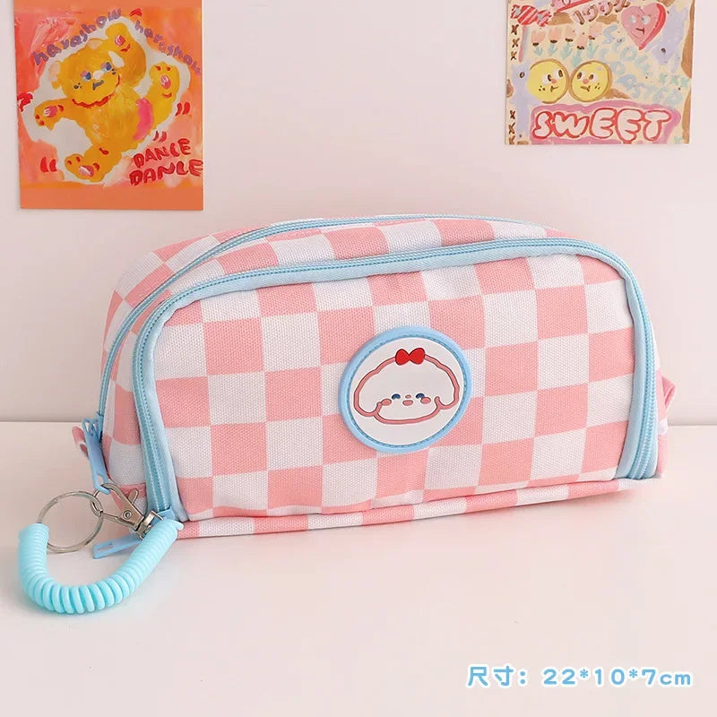 Student Pen Bag Double Zipper Design Large Capacity Stationery Box Checkerboard Cute Bear Marker Bag Pencil Bag
