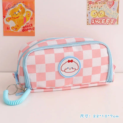 Student Pen Bag Double Zipper Design Large Capacity Stationery Box Checkerboard Cute Bear Marker Bag Pencil Bag
